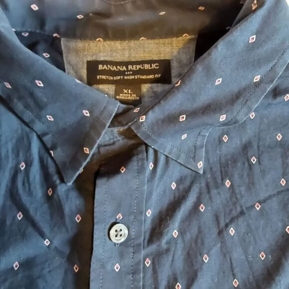 Banana Republic Shirt Mens Short sleeve XLarge Blue Geometric Stretch Cotton‎